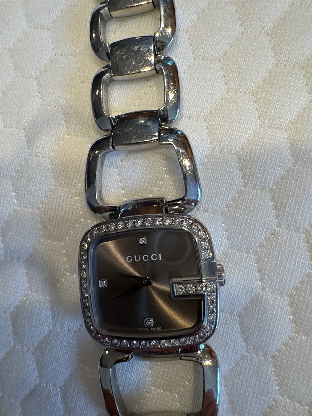 Gucci Silver-Tone Link Bracelet Watch with Crystal Accents